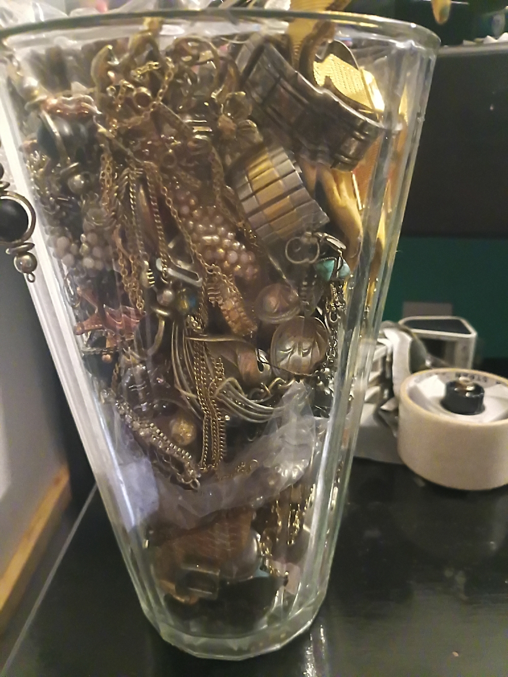 Vase with Mixed Jewelry Antique Costume Jewelry